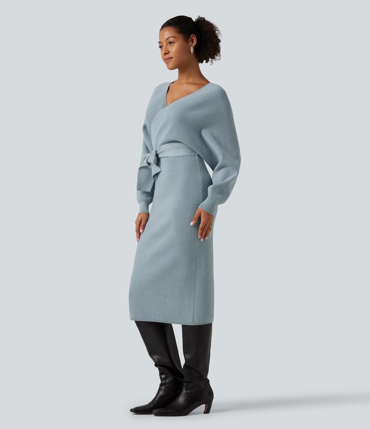 Crossover V Neck Batwing Long Sleeve Belted Midi Casual Sweater Dress Crossover V Neck Batwing Long Sleeve Belted Midi Casual Sweater Dress