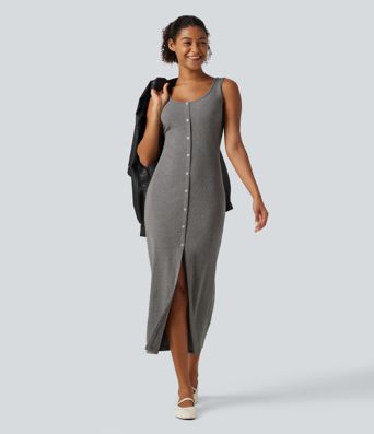 U Neck Sleeveless Slit Hem Decorative Button Midi Casual Dress