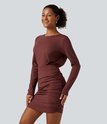 SoftlyZero™ Airy Round Neck Long Sleeve Ruched InstantCool Bodycon Mini Party Dress