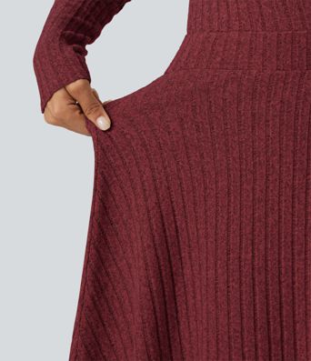 Robe mini en maille côtelée à col V croisé et manches longues