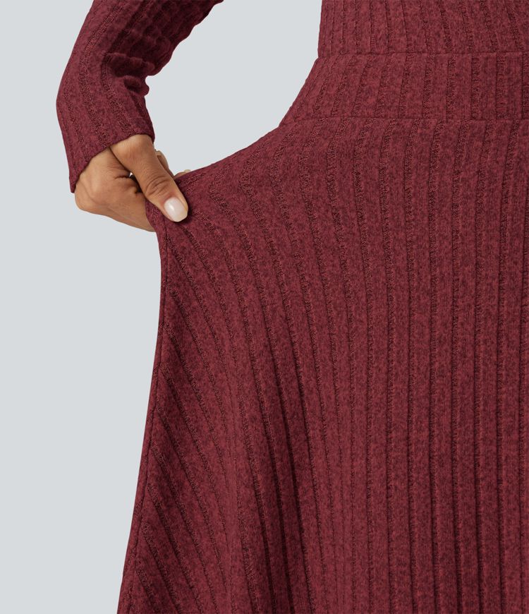 Robe mini en maille côtelée à col V croisé et manches longues
