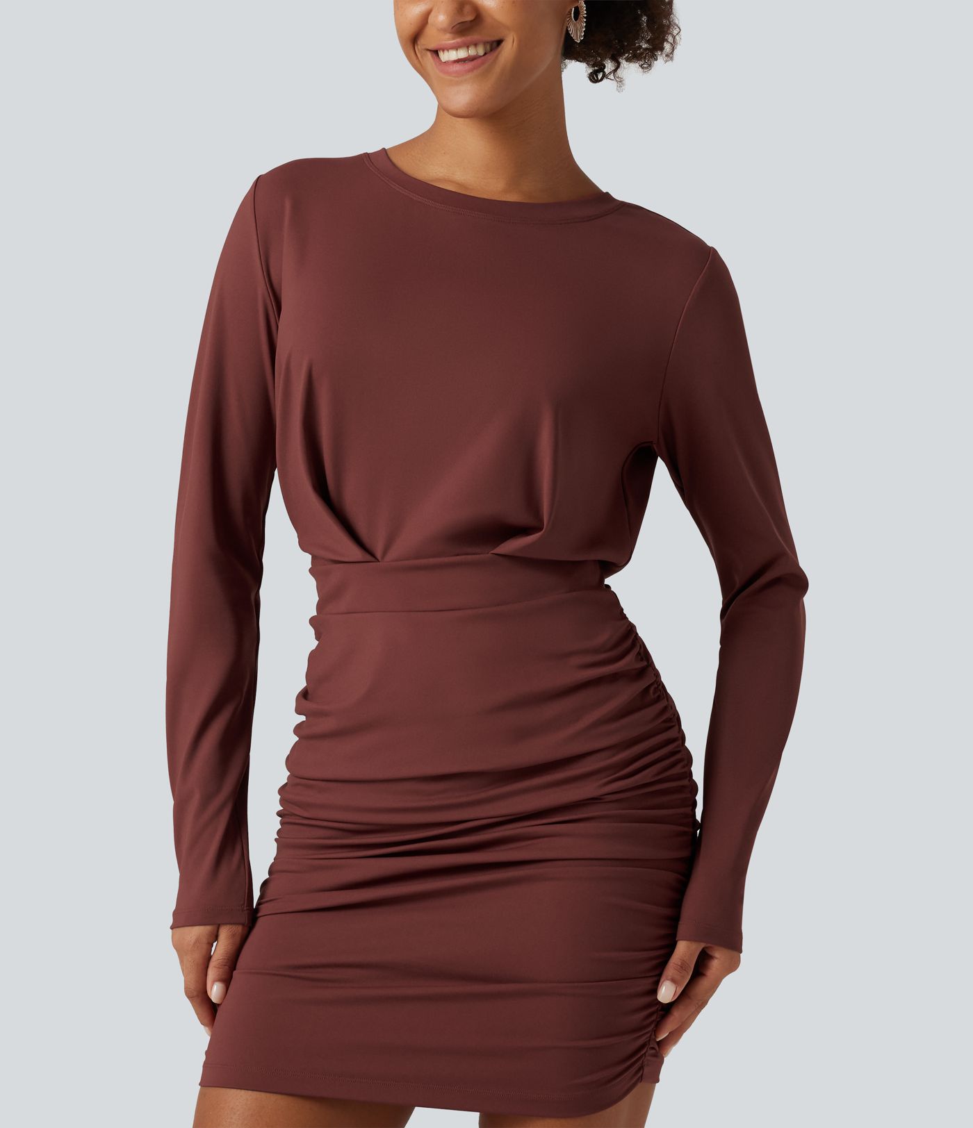SoftlyZero™ Airy Round Neck Long Sleeve Ruched InstantCool Bodycon Mini Party Dress