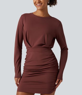 SoftlyZero™ Airy Round Neck Long Sleeve Ruched InstantCool Bodycon Mini Party Dress
