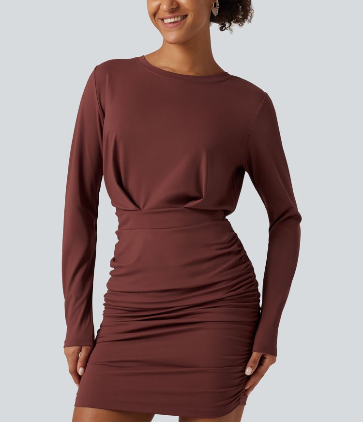 SoftlyZero™ Airy Round Neck Long Sleeve Ruched InstantCool Bodycon Mini Party Dress