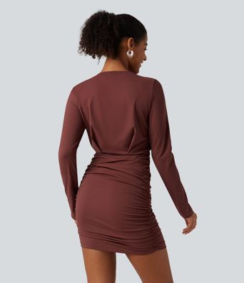 SoftlyZero™ Airy Round Neck Long Sleeve Ruched InstantCool Bodycon Mini Party Dress