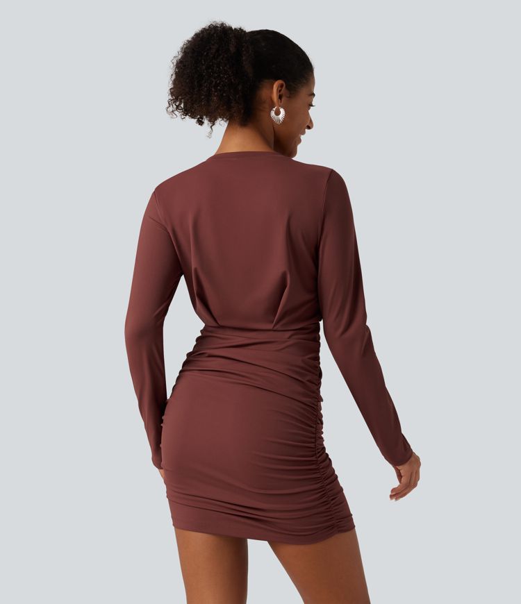SoftlyZero™ Airy Round Neck Long Sleeve Ruched InstantCool Bodycon Mini Party Dress