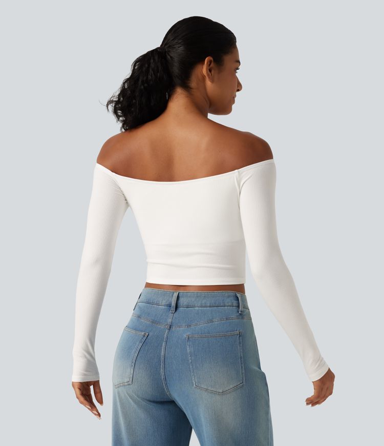 Ribbed Knit Off Shoulder Long Sleeve Built-in Bra Cropped Casual Top