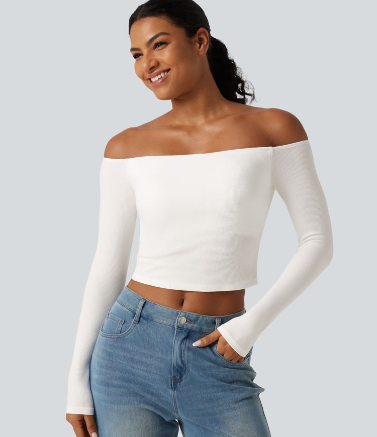 Ribbed Knit Off Shoulder Long Sleeve Built-in Bra Cropped Casual Top