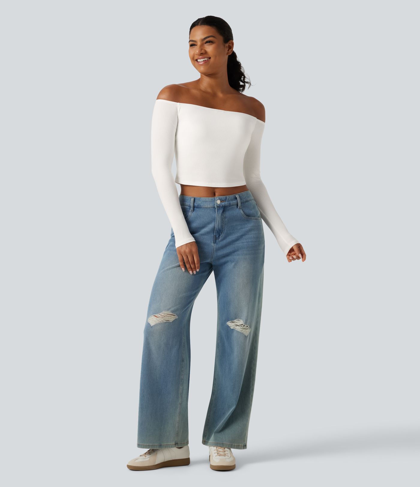 Ribbed Knit Off Shoulder Long Sleeve Built-in Bra Cropped Casual Top