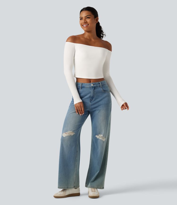 Ribbed Knit Off Shoulder Long Sleeve Built-in Bra Cropped Casual Top