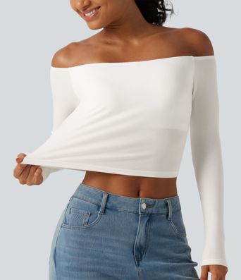 Ribbed Knit Off Shoulder Long Sleeve Built-in Bra Cropped Casual Top