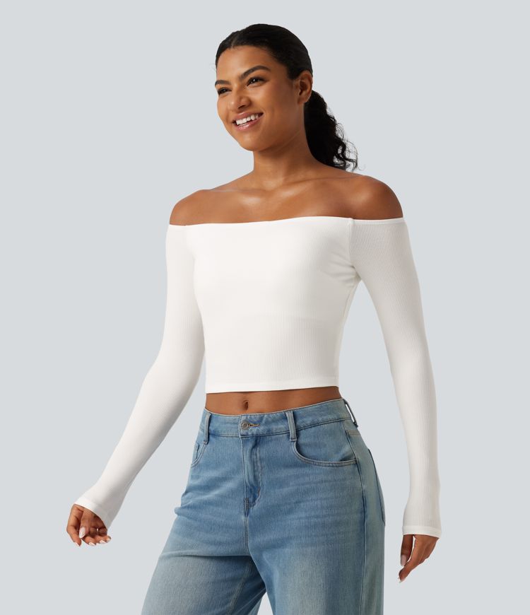 Ribbed Knit Off Shoulder Long Sleeve Built-in Bra Cropped Casual Top