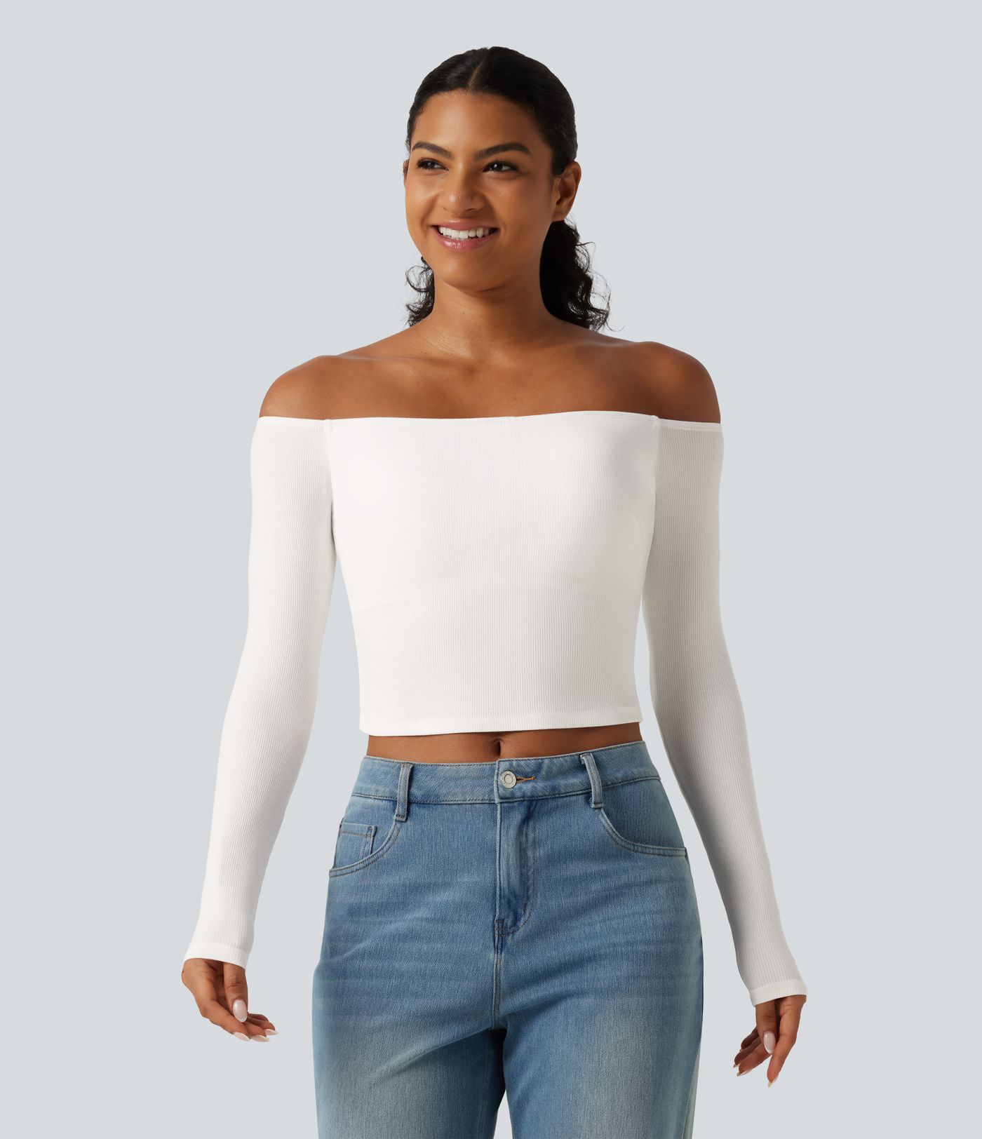 Ribbed Knit Off Shoulder Long Sleeve Built-in Bra Cropped Casual Top