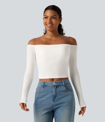 Ribbed Knit Off Shoulder Long Sleeve Built-in Bra Cropped Casual Top