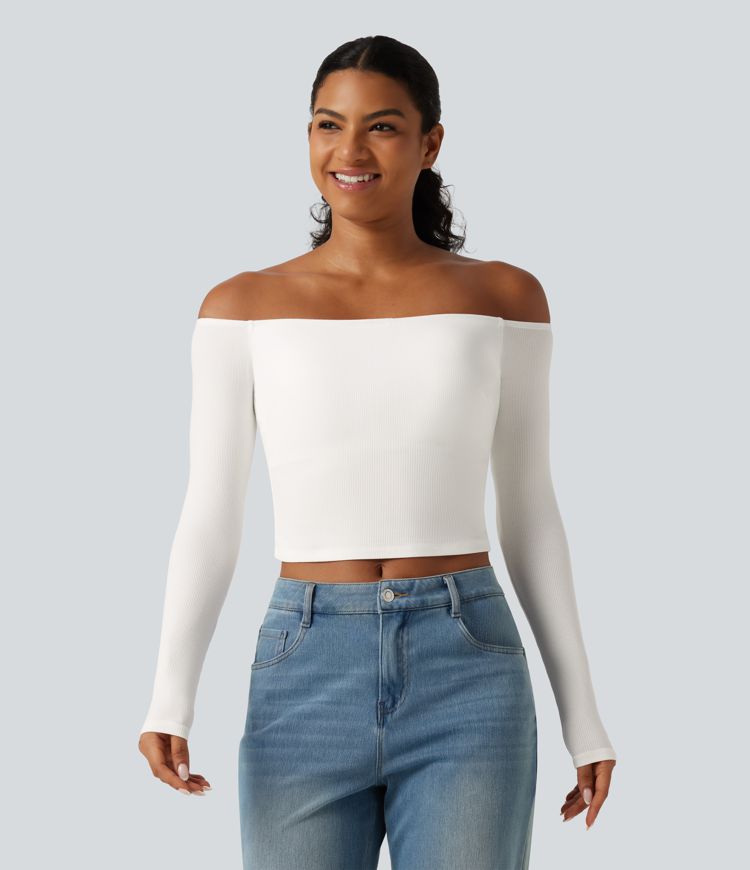 Ribbed Knit Off Shoulder Long Sleeve Built-in Bra Cropped Casual Top