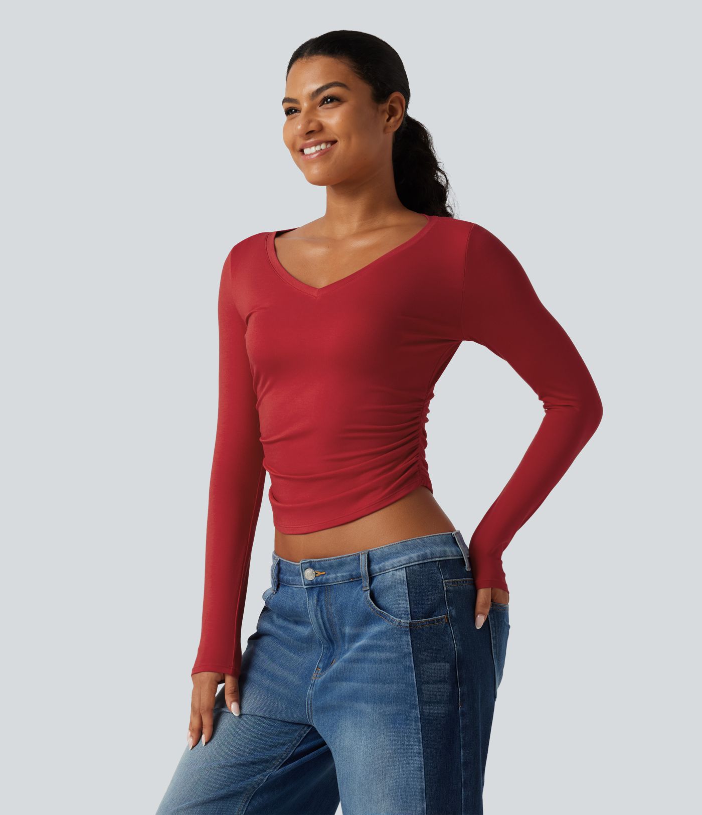 V Neck Long Sleeve Curved Hem Ruched Casual T-Shirt V Neck Long Sleeve Curved Hem Ruched Casual T-Shirt