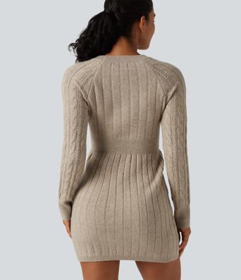 Round Neck Raglan Long Sleeve Bodycon Mini Casual Sweater Dress