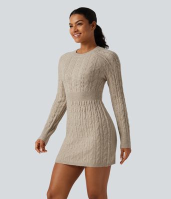 Round Neck Raglan Long Sleeve Bodycon Mini Casual Sweater Dress