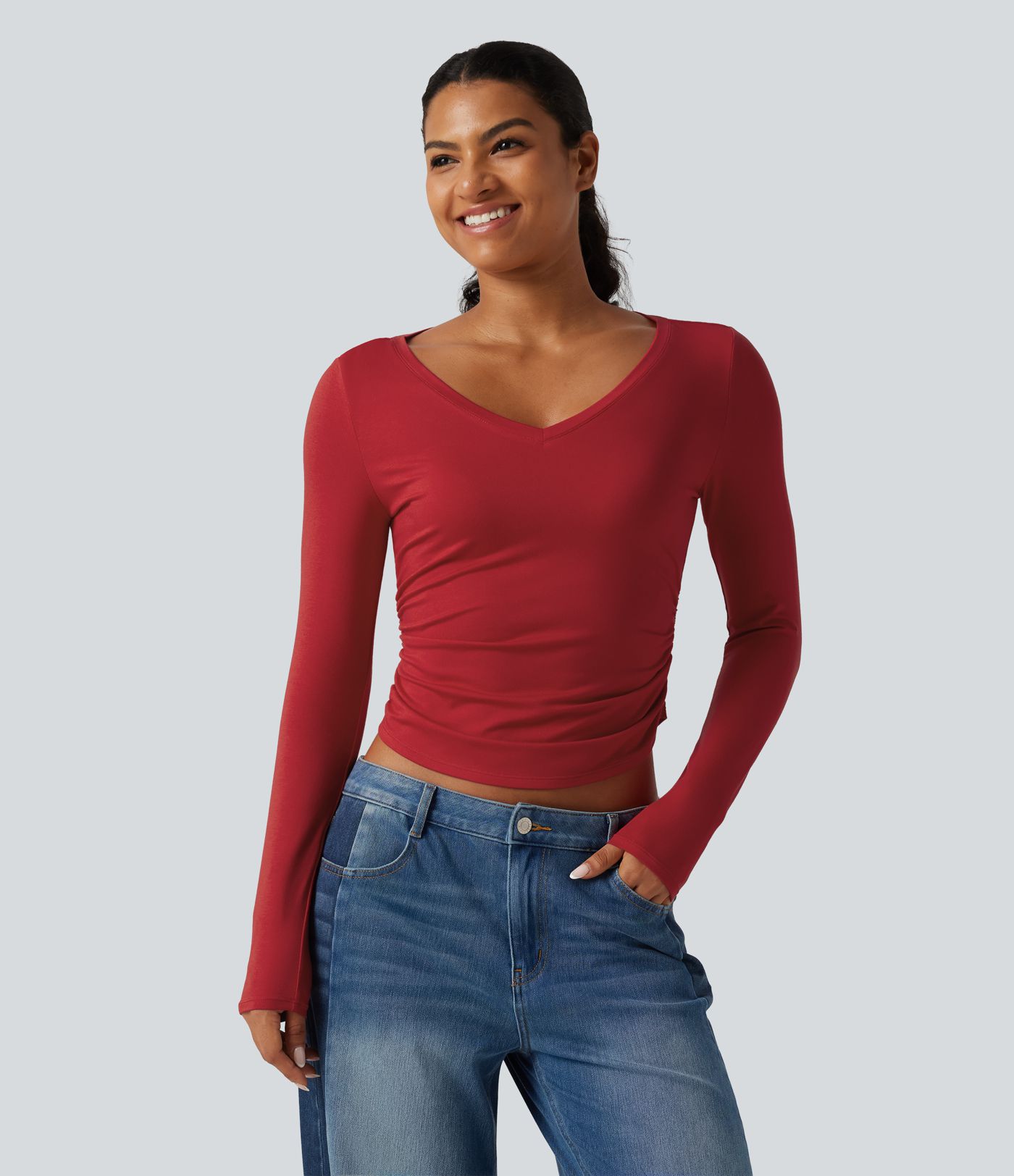 V Neck Long Sleeve Curved Hem Ruched Casual T-Shirt V Neck Long Sleeve Curved Hem Ruched Casual T-Shirt