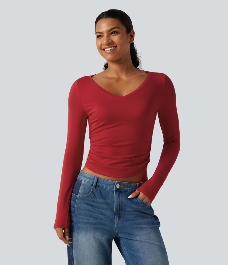 V Neck Long Sleeve Curved Hem Ruched Casual T-Shirt V Neck Long Sleeve Curved Hem Ruched Casual T-Shirt