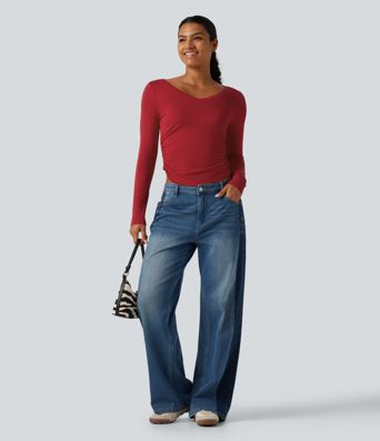 V Neck Long Sleeve Curved Hem Ruched Casual T-Shirt V Neck Long Sleeve Curved Hem Ruched Casual T-Shirt