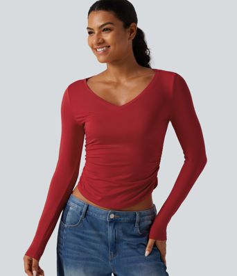 V Neck Long Sleeve Curved Hem Ruched Casual T-Shirt V Neck Long Sleeve Curved Hem Ruched Casual T-Shirt