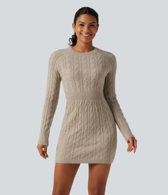 Round Neck Raglan Long Sleeve Bodycon Mini Casual Sweater Dress