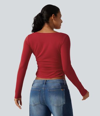 V Neck Long Sleeve Curved Hem Ruched Casual T-Shirt V Neck Long Sleeve Curved Hem Ruched Casual T-Shirt