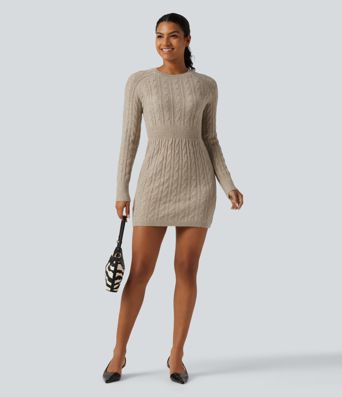 Round Neck Raglan Long Sleeve Bodycon Mini Casual Sweater Dress