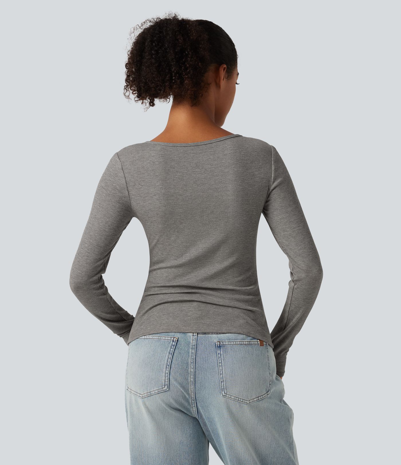 High Stretch Ribbed Knit Cut Out Long Sleeve Casual Top