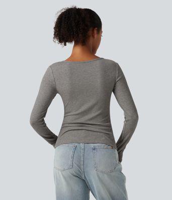 High Stretch Ribbed Knit Cut Out Long Sleeve Casual Top