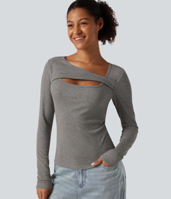 High Stretch Ribbed Knit Cut Out Long Sleeve Casual Top