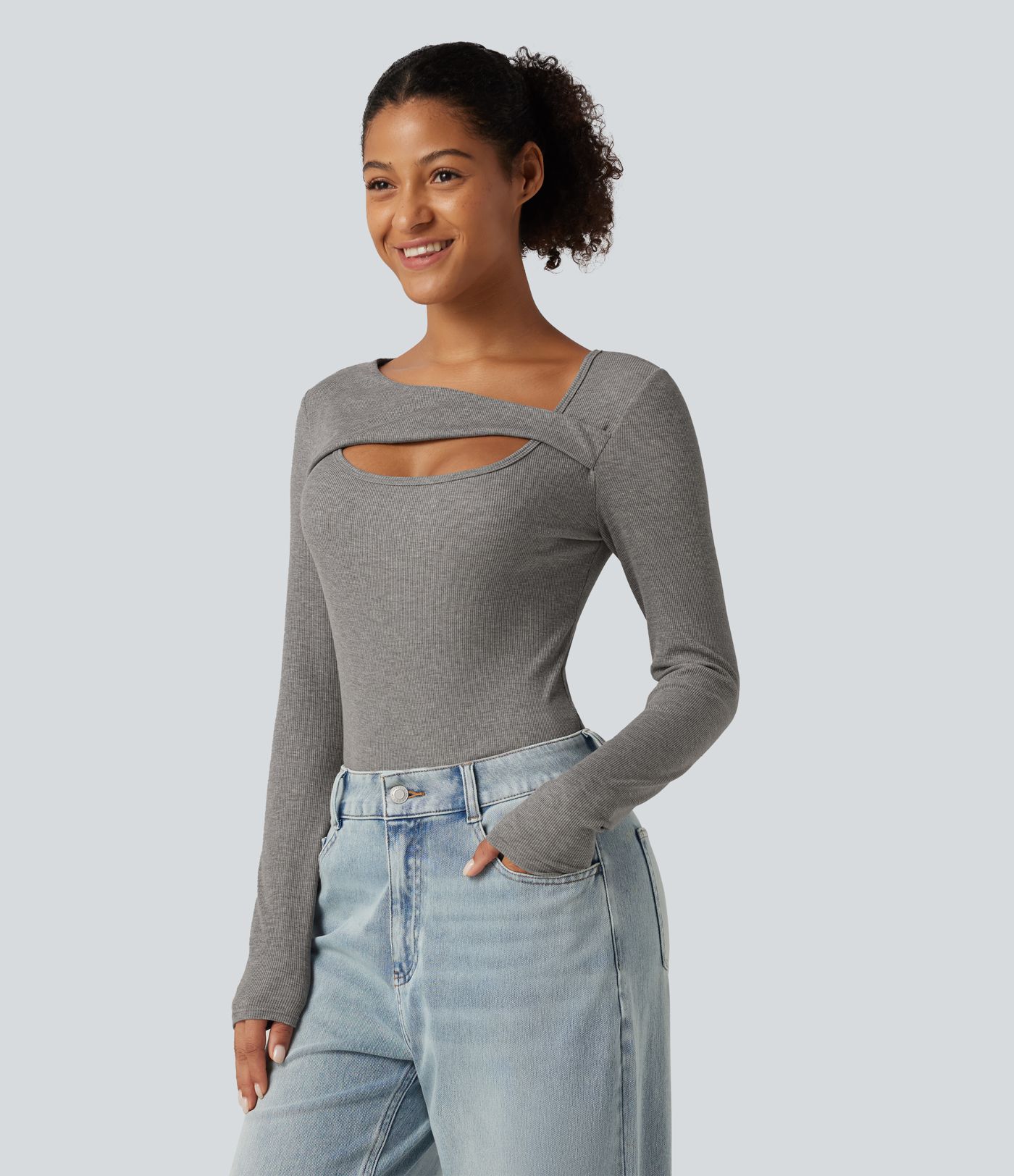 High Stretch Ribbed Knit Cut Out Long Sleeve Casual Top