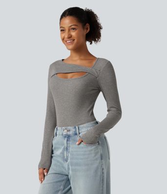 High Stretch Ribbed Knit Cut Out Long Sleeve Casual Top