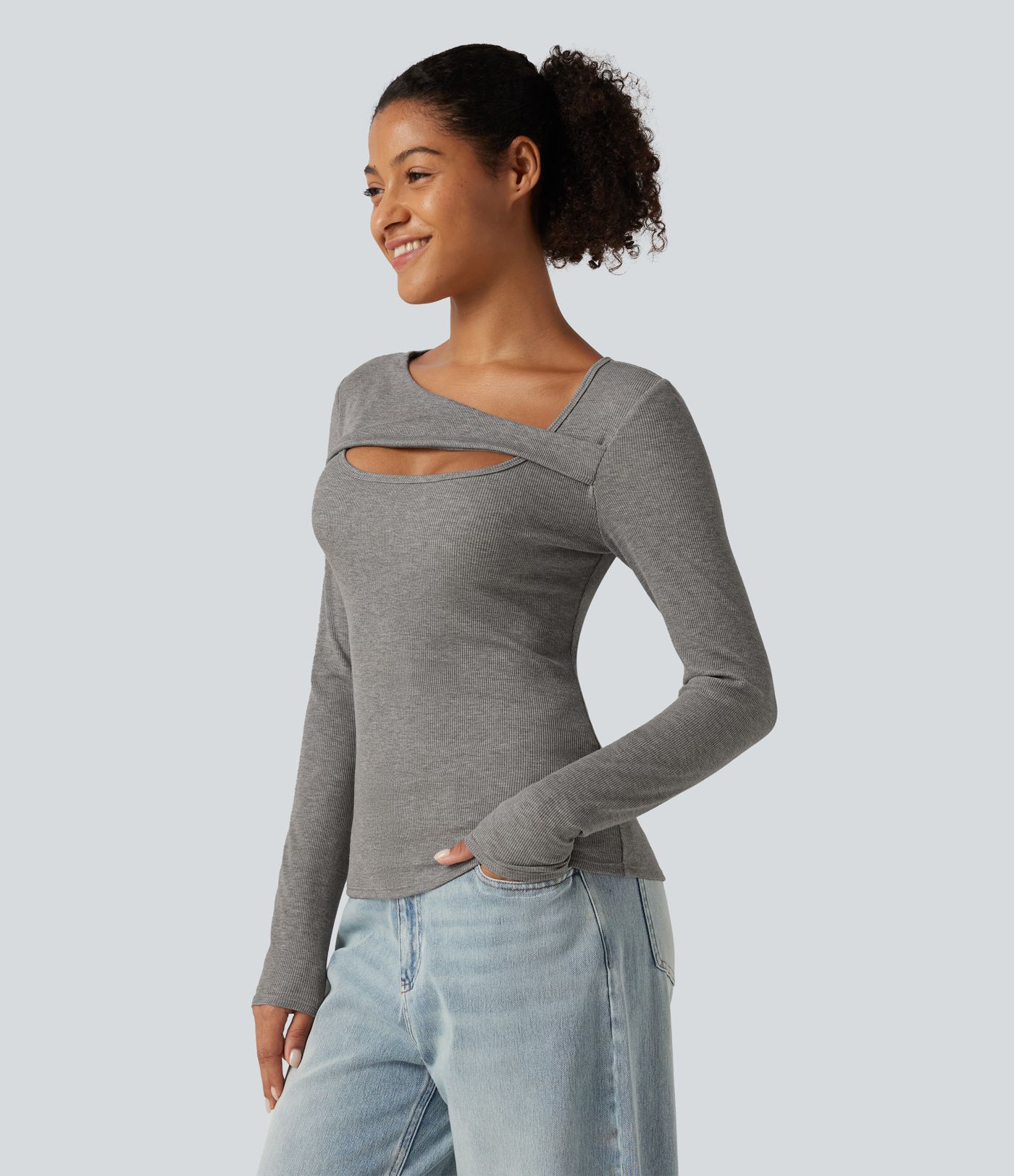High Stretch Ribbed Knit Cut Out Long Sleeve Casual Top