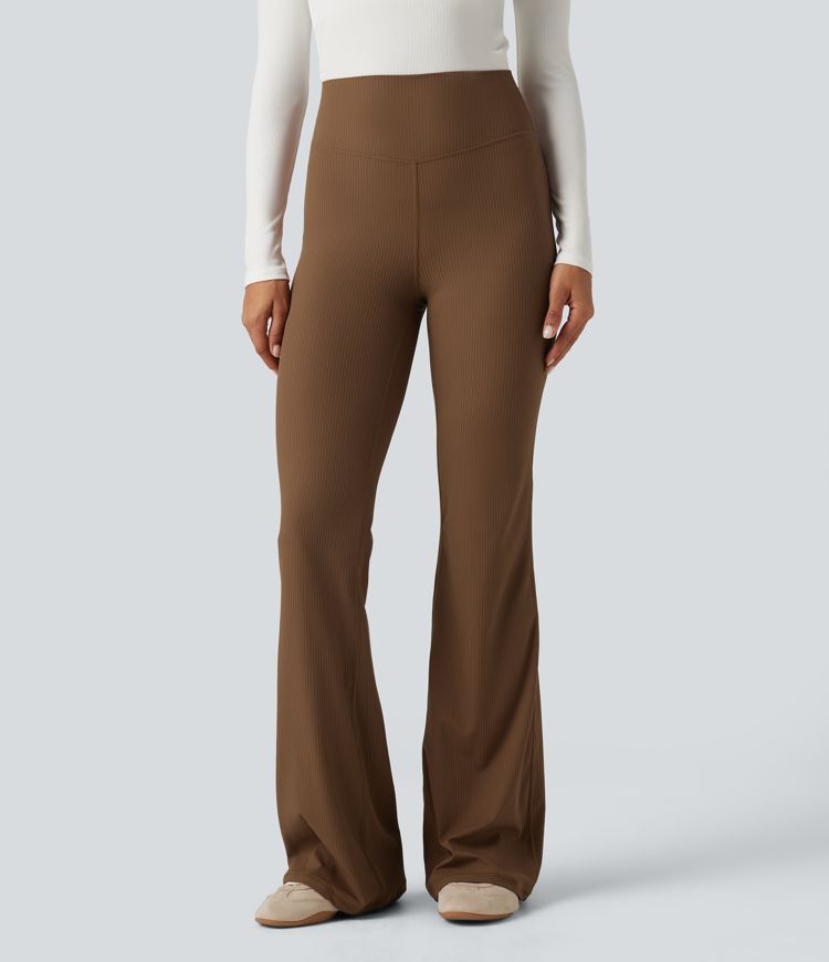 Ribbed High Waisted Bootcut Yoga Leggings with Pocket