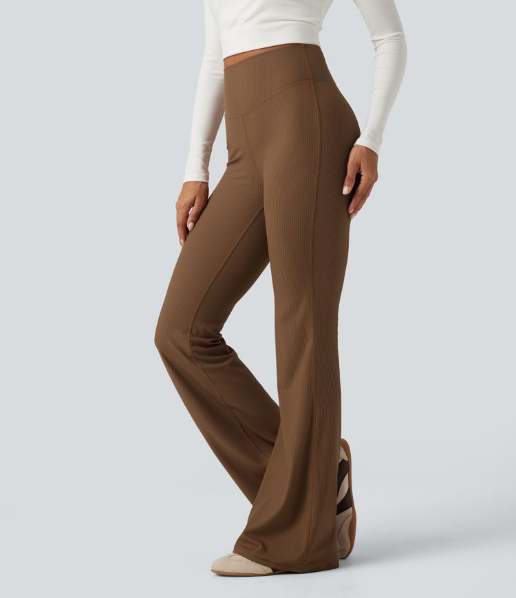 Ribbed High Waisted Bootcut Yoga Leggings with Pocket