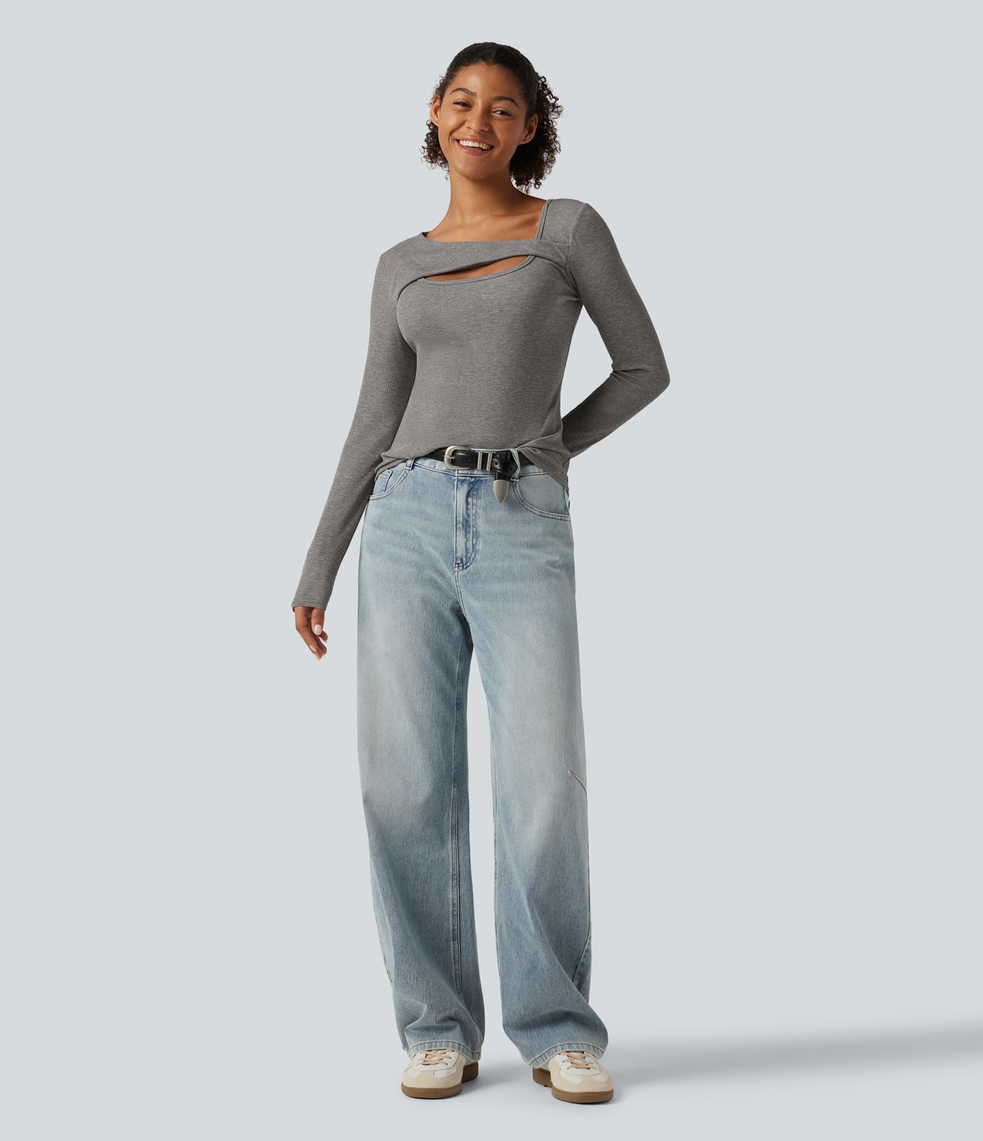 High Stretch Ribbed Knit Cut Out Long Sleeve Casual Top