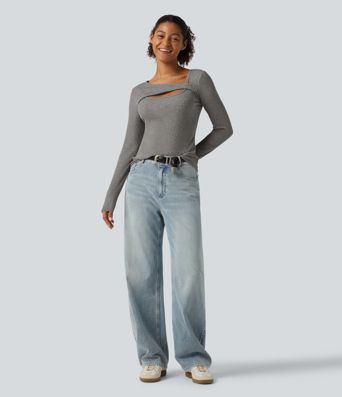 High Stretch Ribbed Knit Cut Out Long Sleeve Casual Top