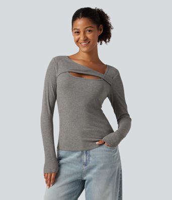 High Stretch Ribbed Knit Cut Out Long Sleeve Casual Top