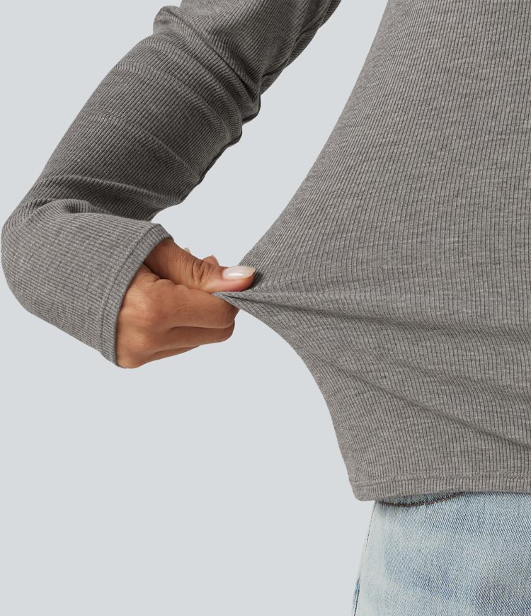 High Stretch Ribbed Knit Cut Out Long Sleeve Casual Top