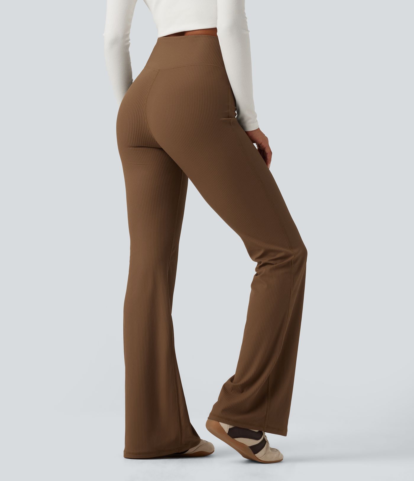 Ribbed High Waisted Bootcut Yoga Leggings with Pocket
