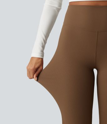Ribbed High Waisted Bootcut Yoga Leggings with Pocket