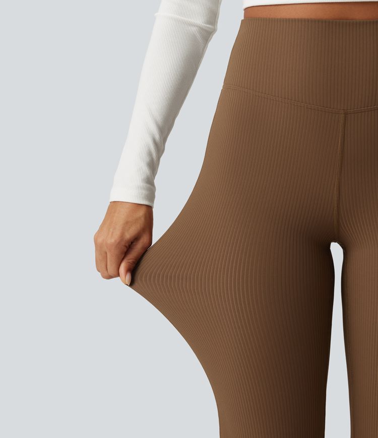 Ribbed High Waisted Bootcut Yoga Leggings with Pocket