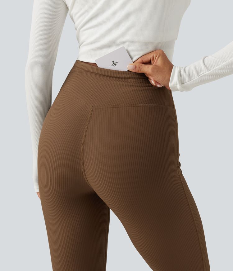 Ribbed High Waisted Bootcut Yoga Leggings with Pocket
