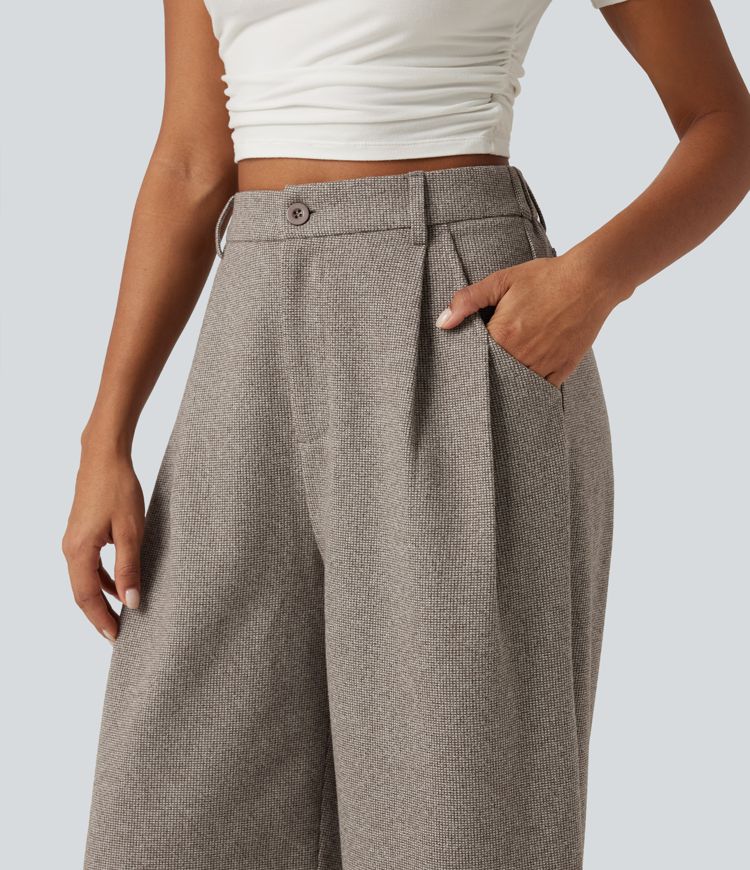 High Waisted Barrel Leg Plaid Casual Pants with Pockets High Waisted Barrel Leg Plaid Casual Pants with Pockets