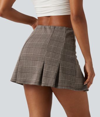 High Waisted 2-in-1 Pleated A Line Houndstooth Plaid Mini Work Skirt with Pockets