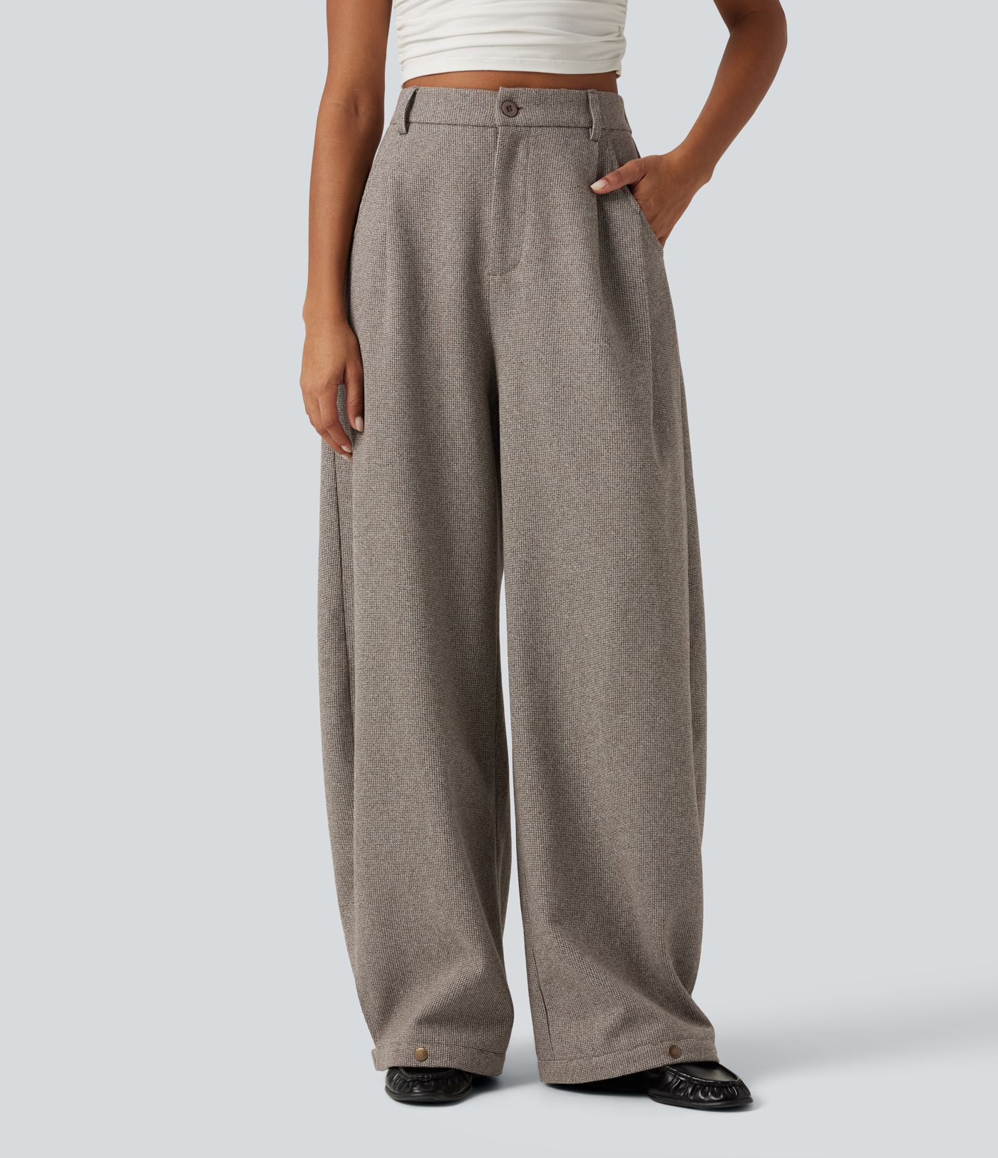 High Waisted Barrel Leg Plaid Casual Pants with Pockets High Waisted Barrel Leg Plaid Casual Pants with Pockets