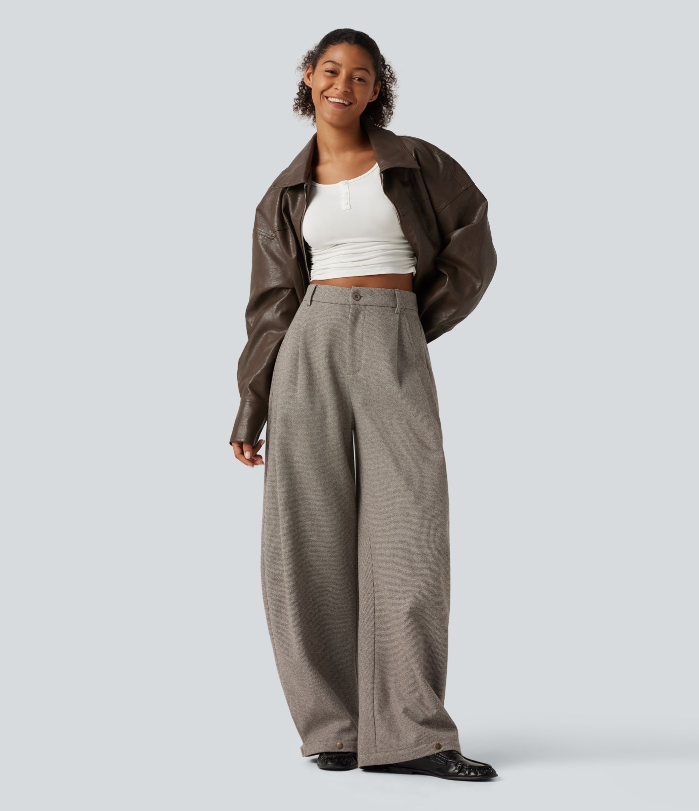 High Waisted Barrel Leg Plaid Casual Pants with Pockets High Waisted Barrel Leg Plaid Casual Pants with Pockets