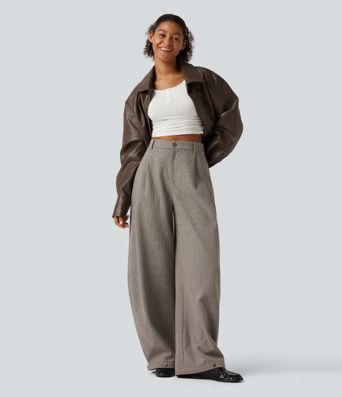 High Waisted Barrel Leg Plaid Casual Pants with Pockets High Waisted Barrel Leg Plaid Casual Pants with Pockets